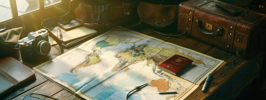 Ultime checklist de voyage complète pour voyager à l'international checklist de voyage organisé par catégorie représenté par un passeport et une carte du monde